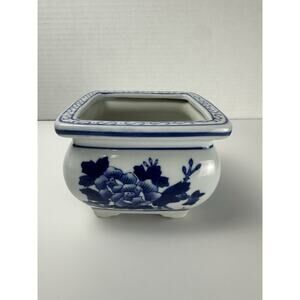 Vintage Blue & White Floral Porcelain Planter Pot — Asian Chinoiserie Style — 5”